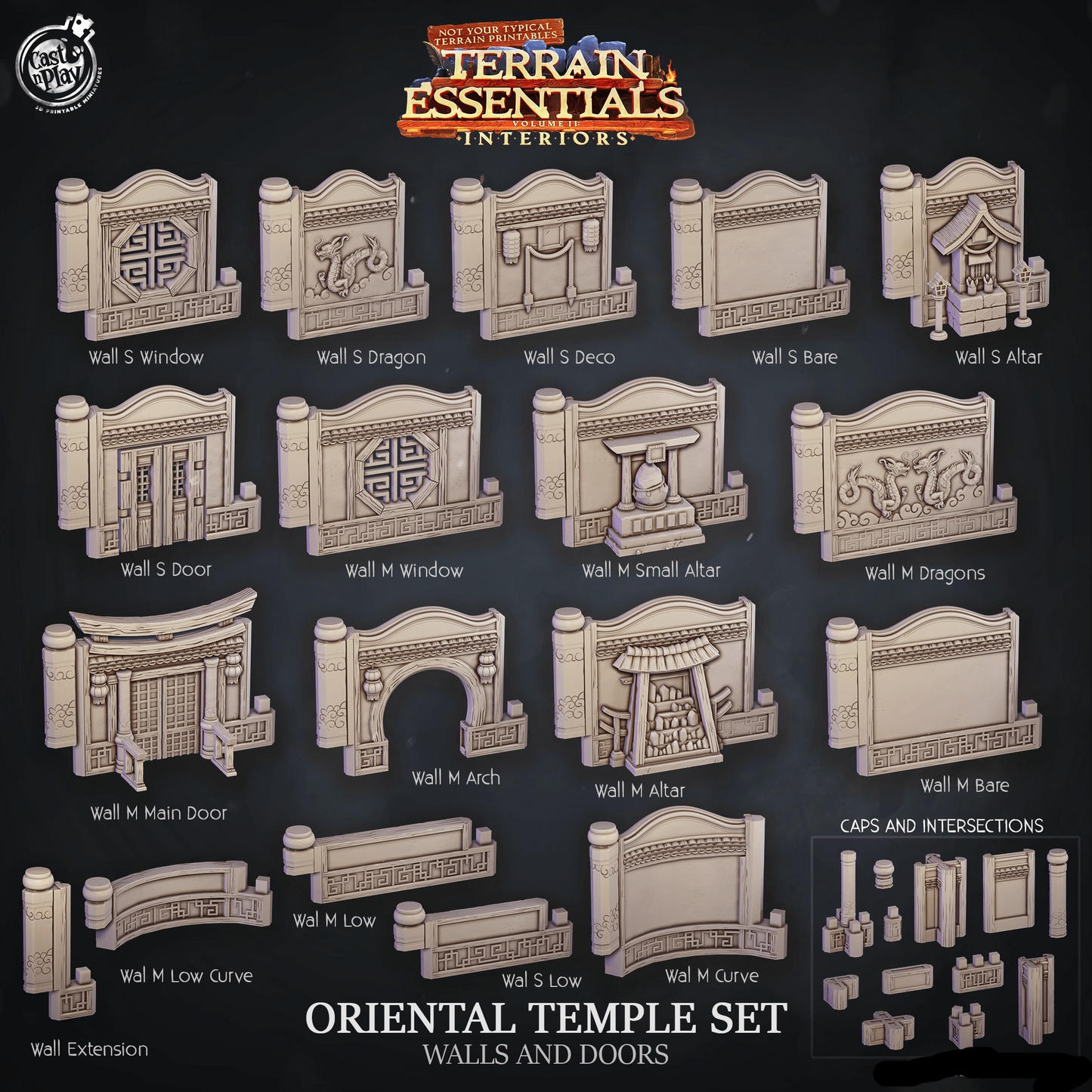 3D Printed Cast n Play Oriental Temple Walls and Doors Terrain Essentials 28mm 32mm D&D