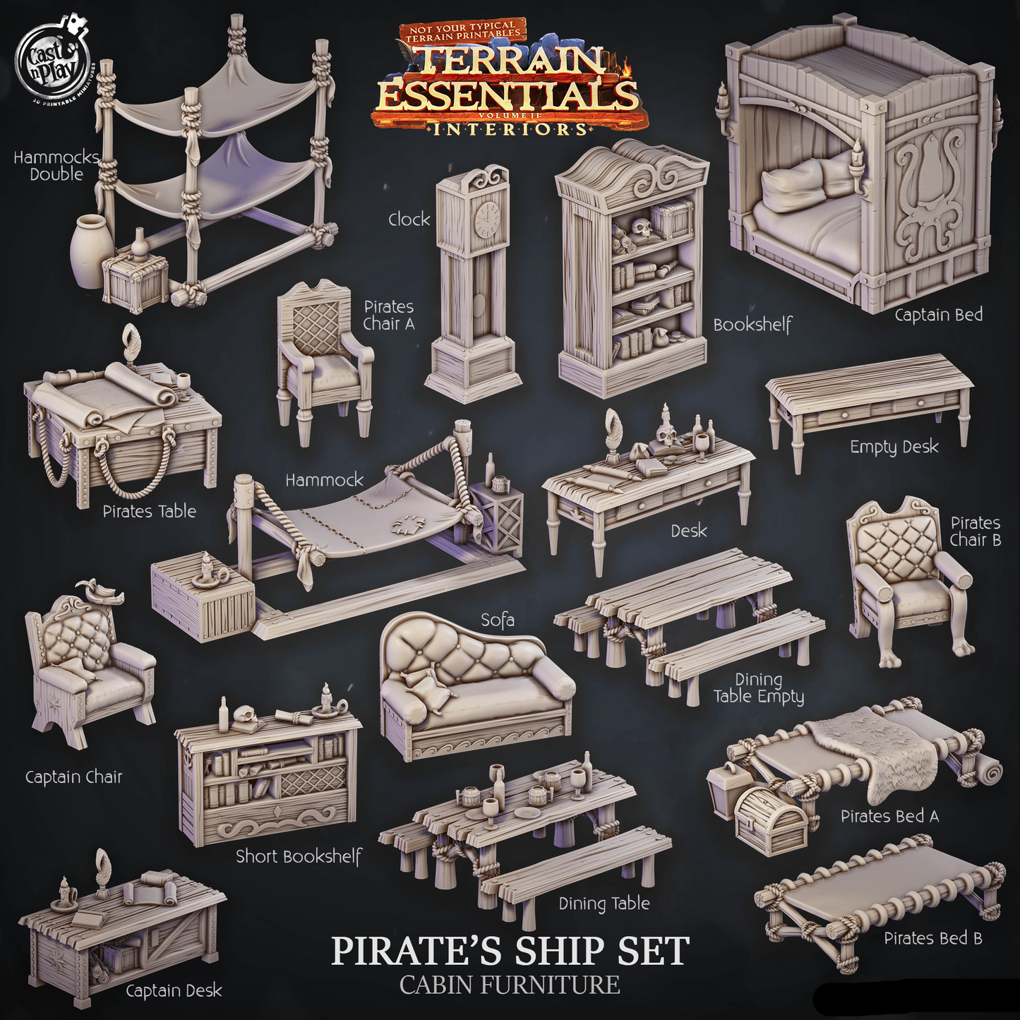3D Printed Cast n Play Pirate Ship Cabin Furniture Terrain Essentials 28mm 32mm D&D