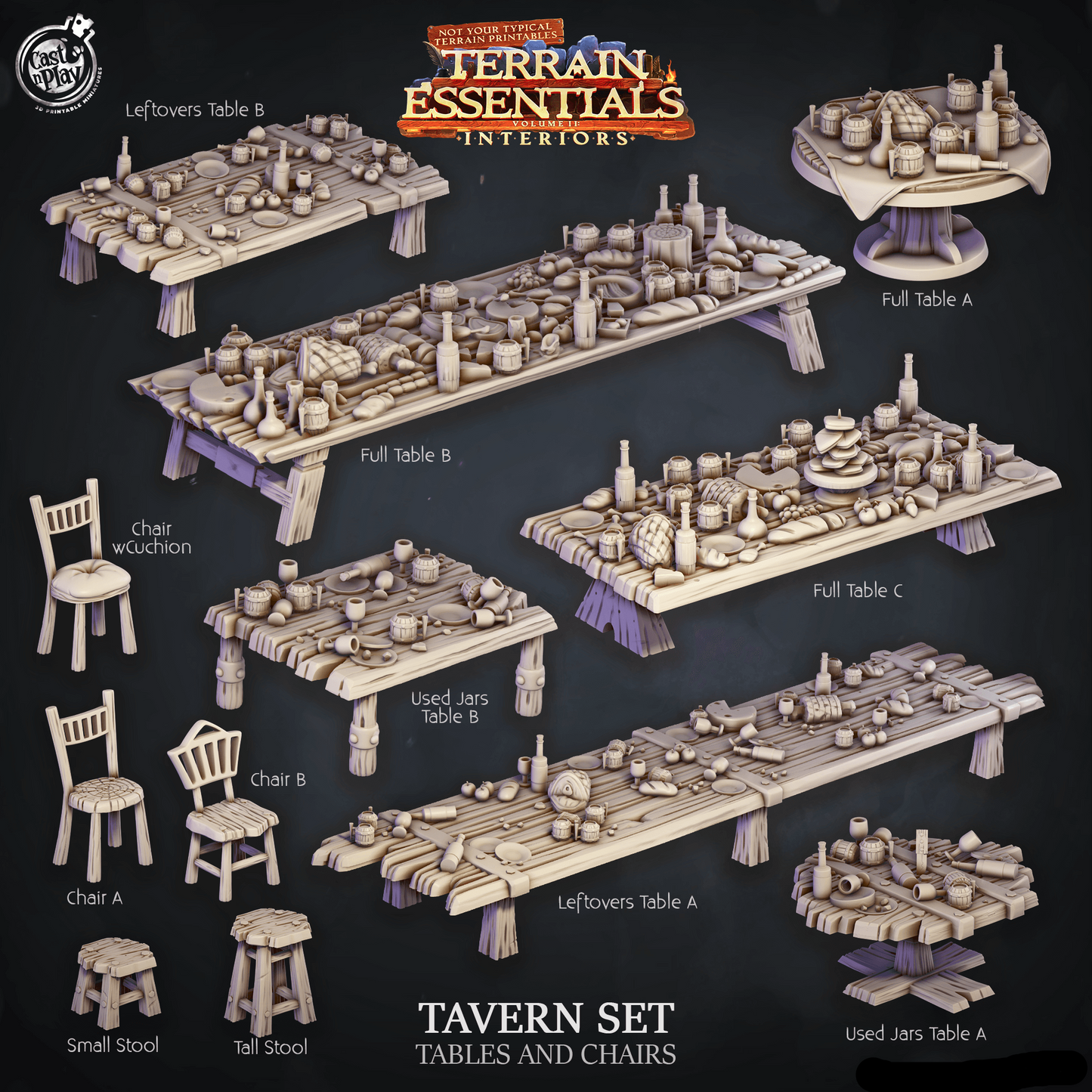 3D Printed Cast n Play Tavern Tables and Chairs Terrain Essentials 28mm 32mm D&D