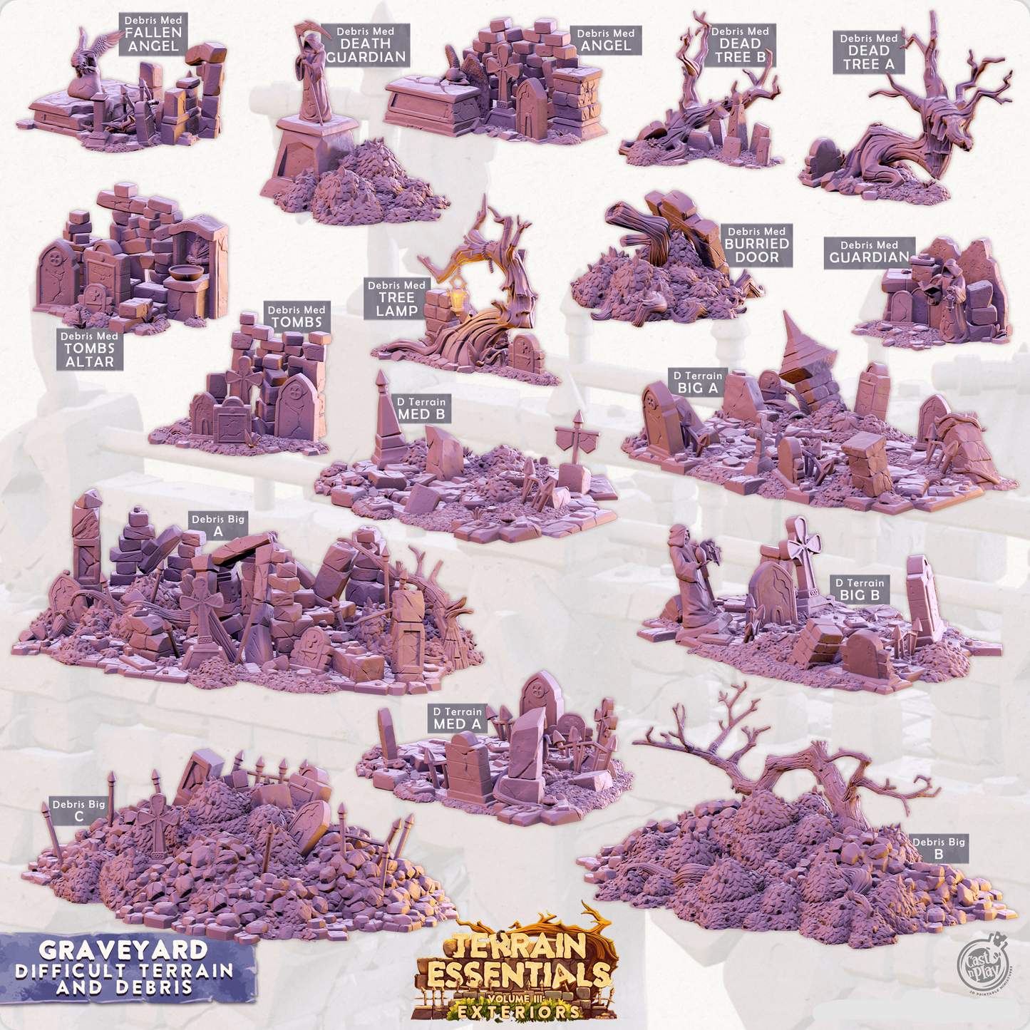 3D Printed Cast n Play Terrain Essentials Exteriors - Graveyard Difficult Terrain and Debris Set 28mm 32mm D&D