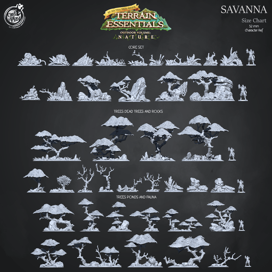 3D Printed Cast n Play Terrain Essentials Nature - Savanna Terrain Trees, Ponds and Fauna Set 28mm 32mm D&D