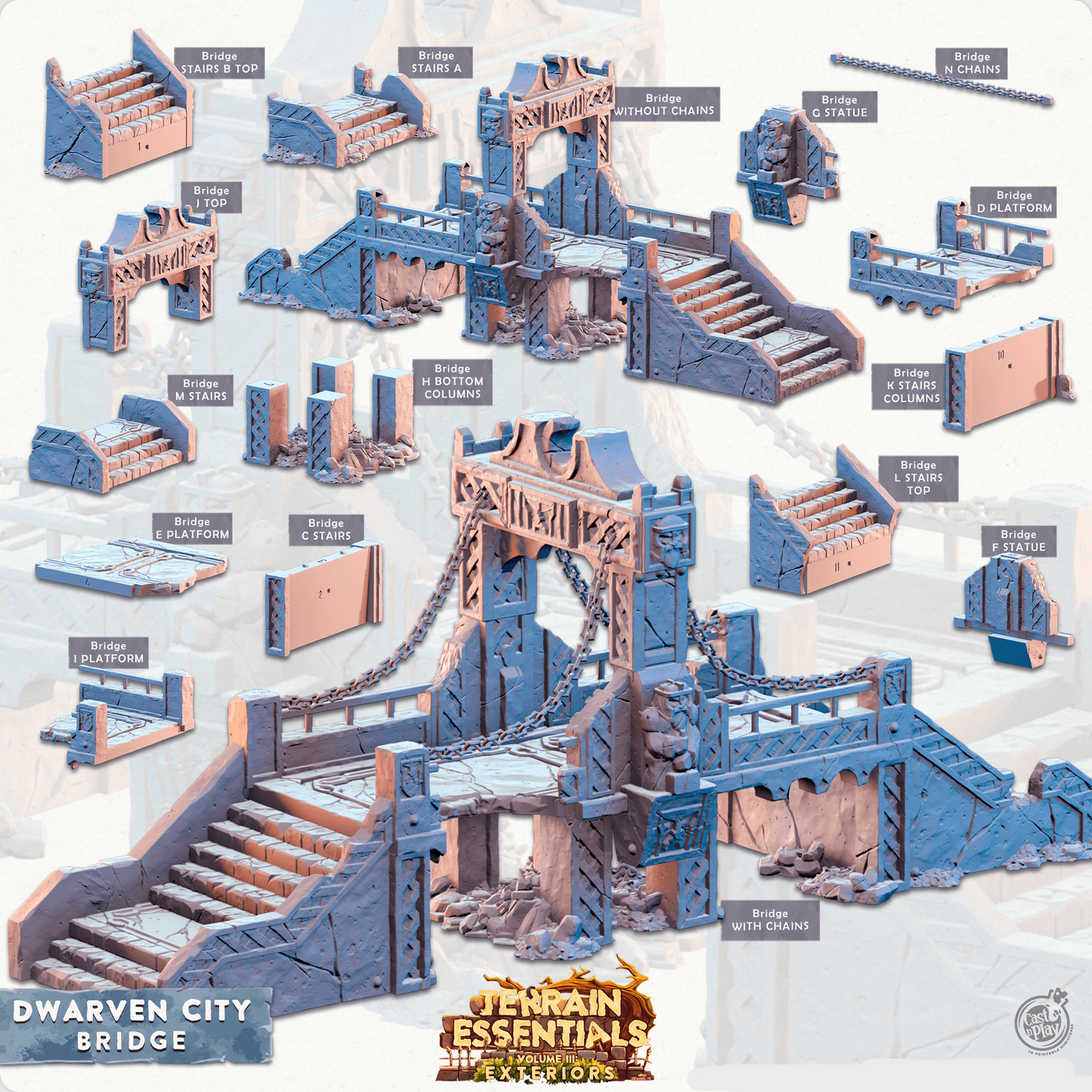3D Printed Cast n Play Terrain Essentials Vol III Exteriors Dwarven City Set Bridge 28mm 32mm D&D