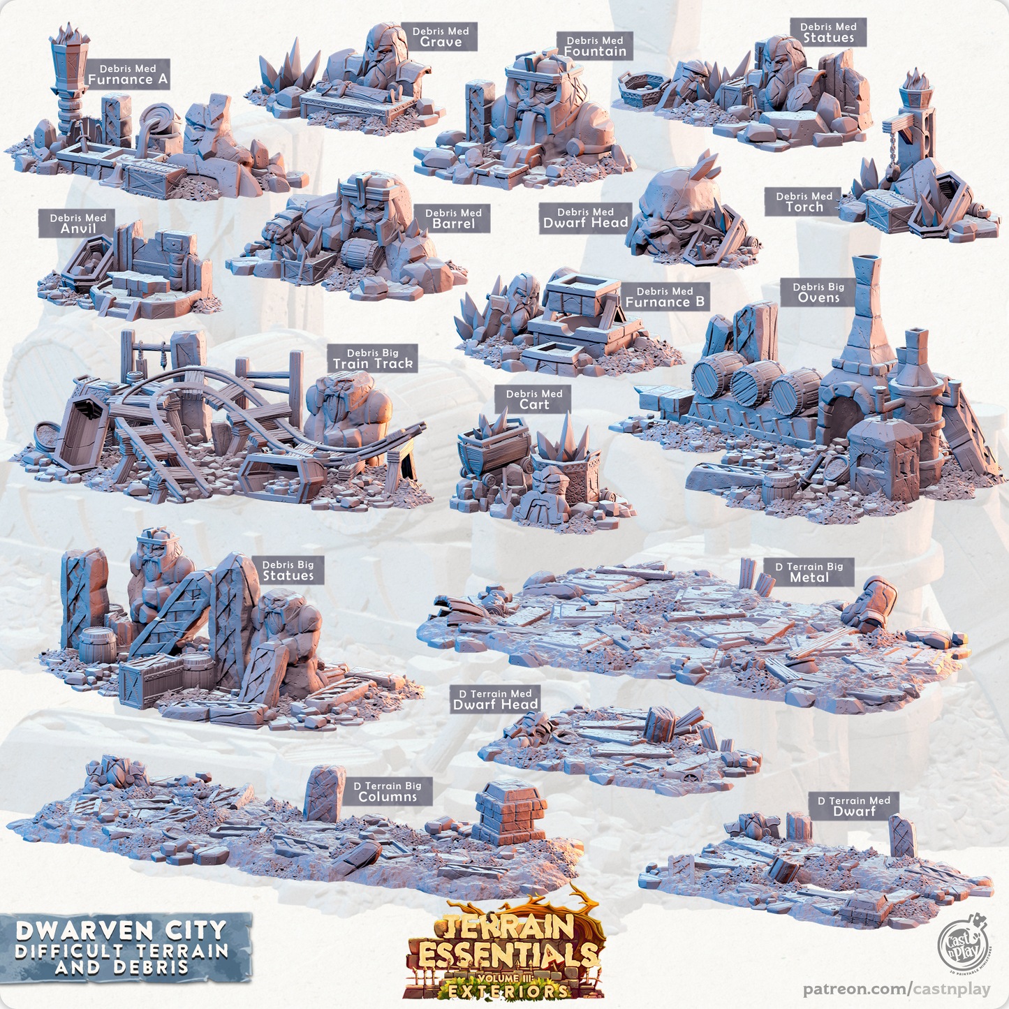 3D Printed Cast n Play Terrain Essentials Vol III Exteriors Dwarven City Set Debris and Difficult Terrain 28mm 32mm D&D