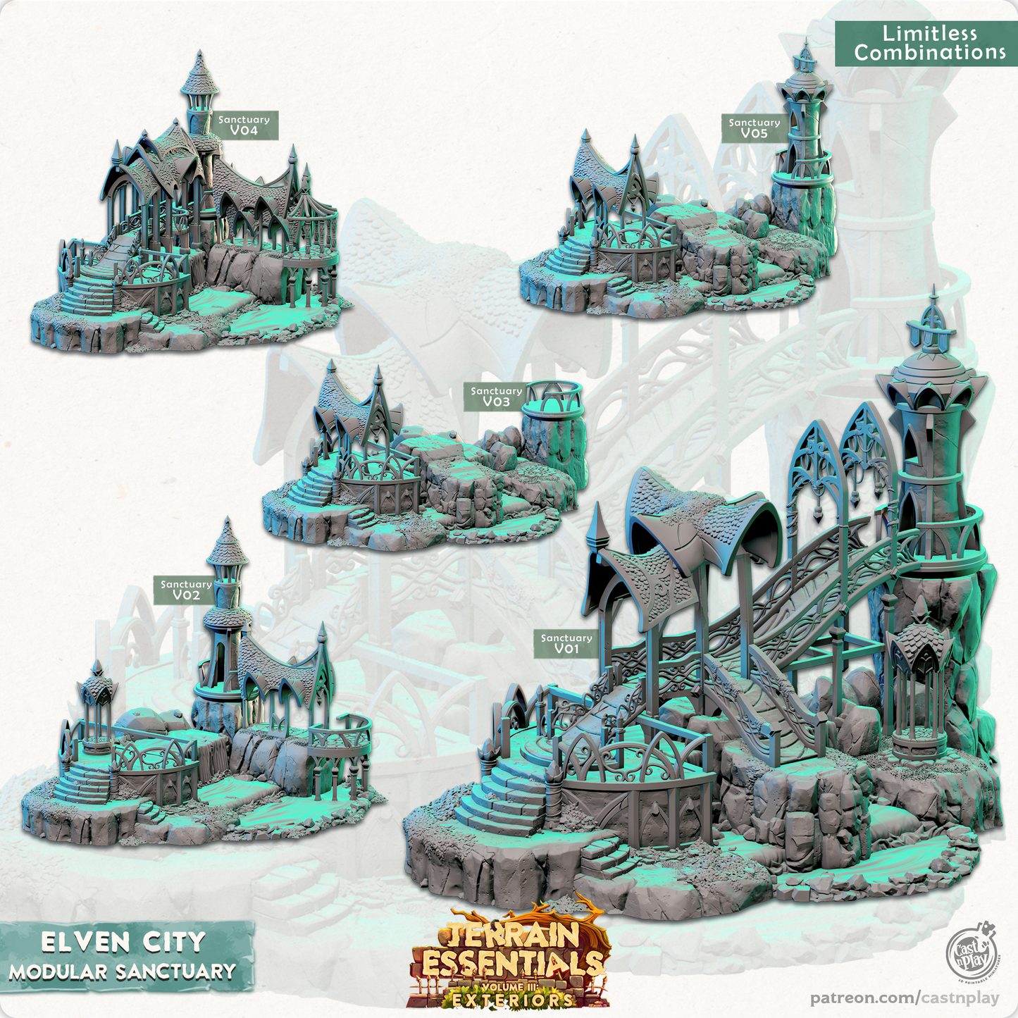 3D Printed Cast n Play Modular Sanctuary Elven City Set Terrain Essentials Vol III Exteriors 28mm 32mm D&D