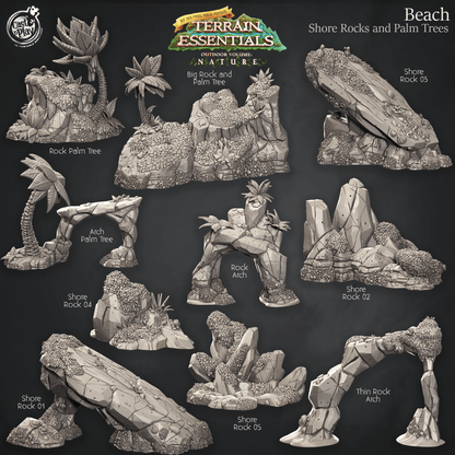 3D Printed Cast n Play Beach Shore Rocks w Palm Trees Terrain Essentials Nature 28mm 32mm D&D