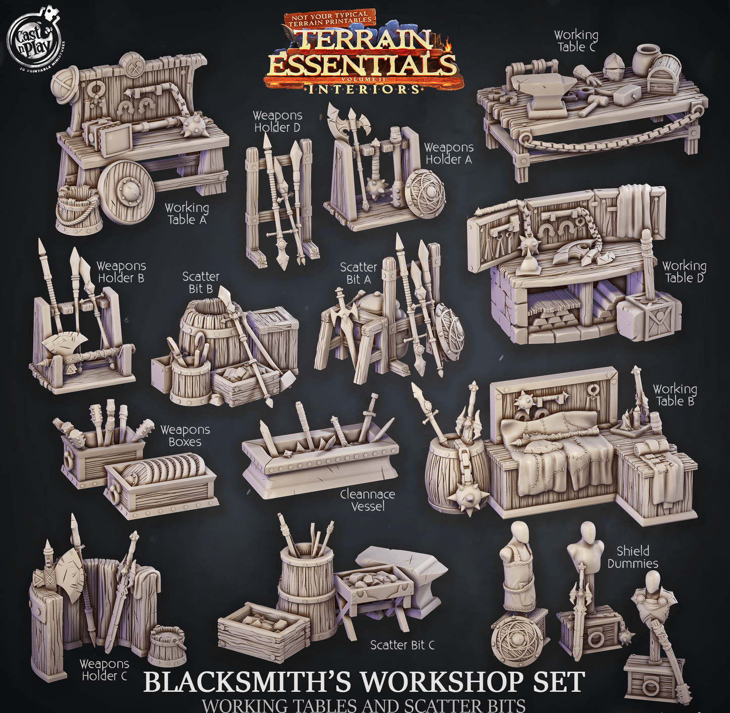 3D Printed Cast n Play Blacksmith's Workshop Tables and Bits Terrain Essentials 28mm 32mm D&D