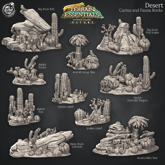 3D Printed Cast n Play Cactus, Fauna and Rocks Desert Terrain Set Terrain Essentials Nature 28mm 32mm D&D