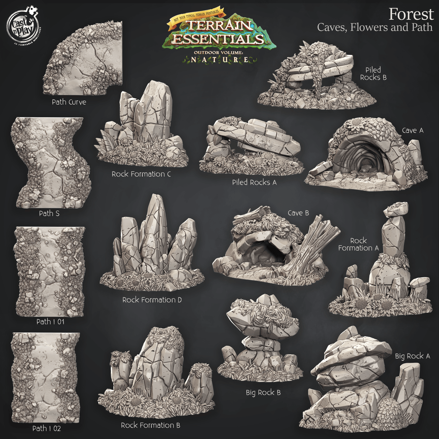 3D Printed Cast n Play Caves, Flowers and Path Forest Terrain Set Terrain Essentials Nature 28mm 32mm D&D