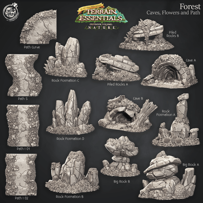3D Printed Cast n Play Caves, Flowers and Path Forest Terrain Set Terrain Essentials Nature 28mm 32mm D&D
