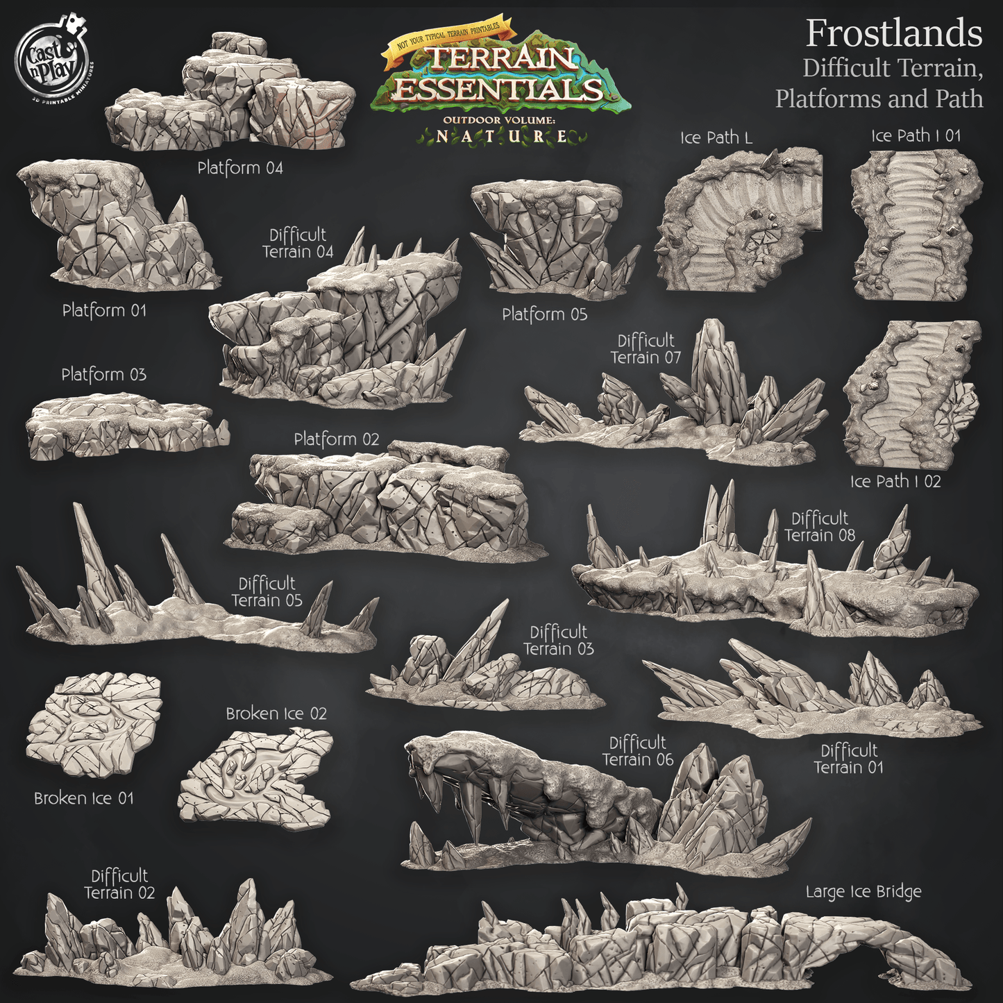 3D Printed Cast n Play Difficult Terrain, Platforms and Path Frostlands Terrain Set Terrain Essentials Nature 28mm 32mm D&D