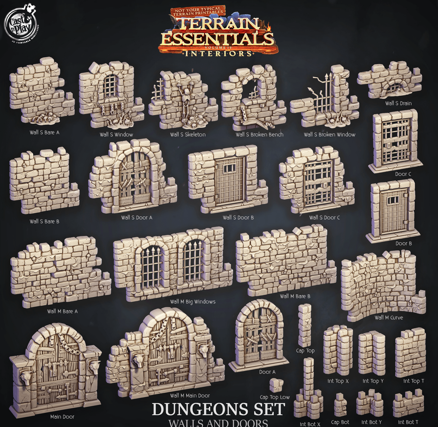 3D Printed Cast n Play Dungeons Walls and Doors Terrain Essentials 28mm 32mm D&D