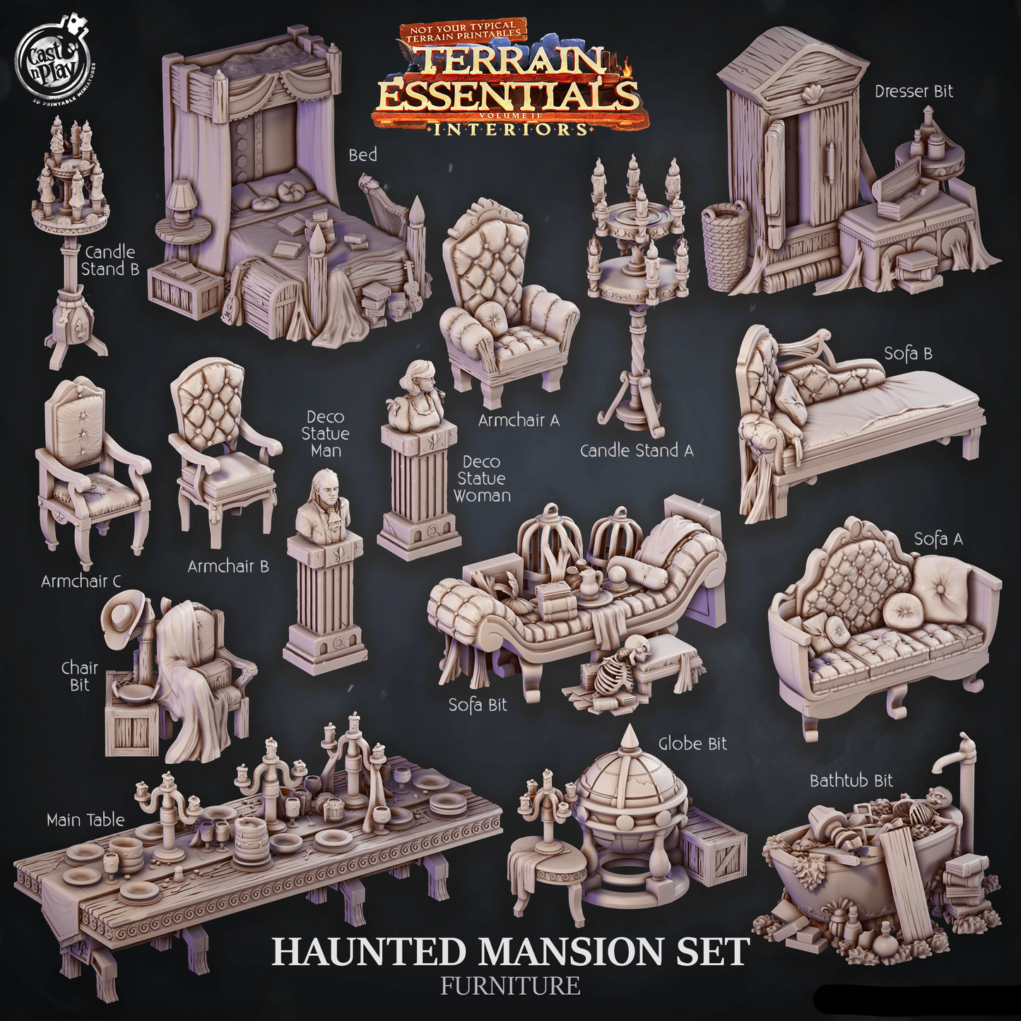 3D Printed Cast n Play Haunted Mansion Furniture Terrain Essentials 28mm 32mm D&D