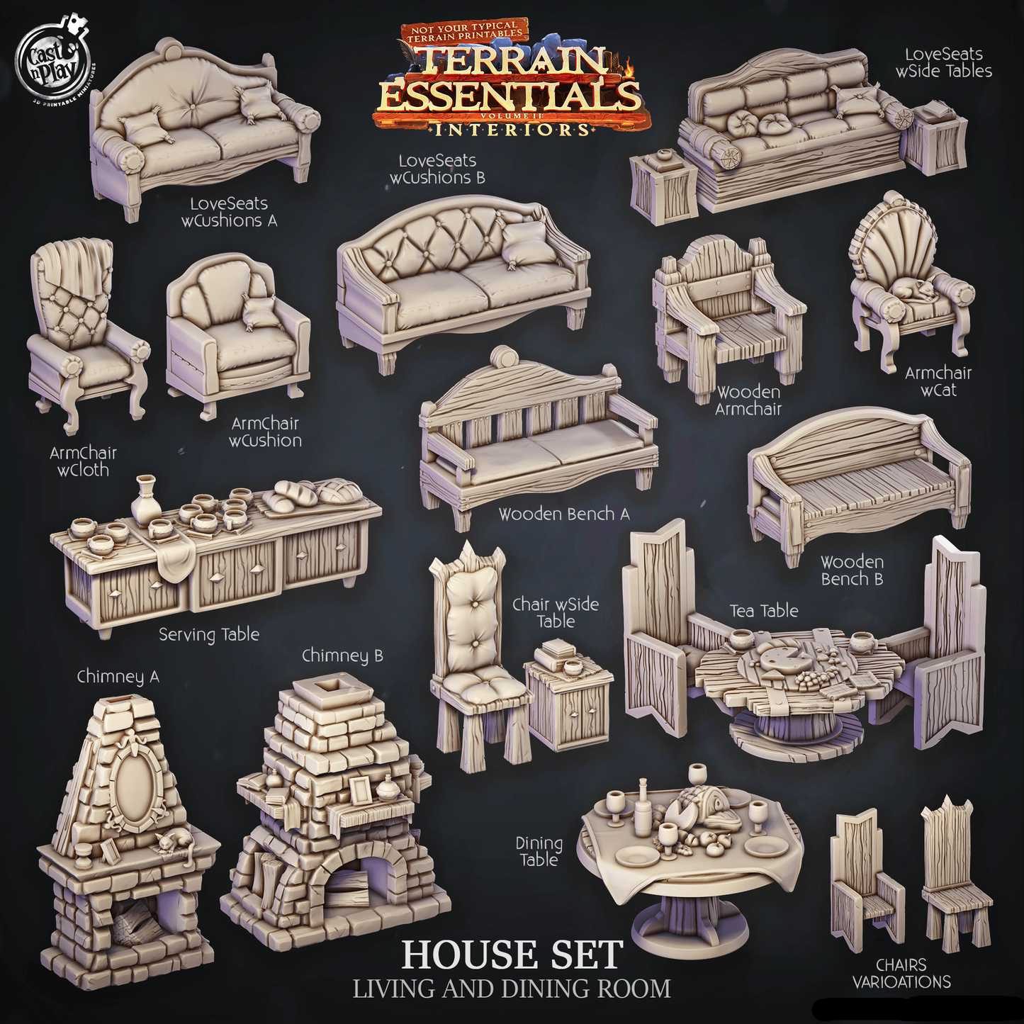 3D Printed Cast n Play House Set Living and Dining Room Terrain Essentials 28mm 32mm D&D