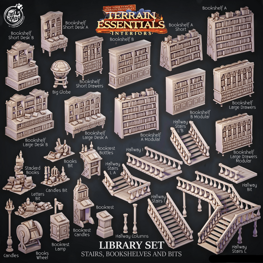 3D Printed Cast n Play Library Stairs, Bookshelves and Bits Terrain Essentials 28mm 32mm D&D