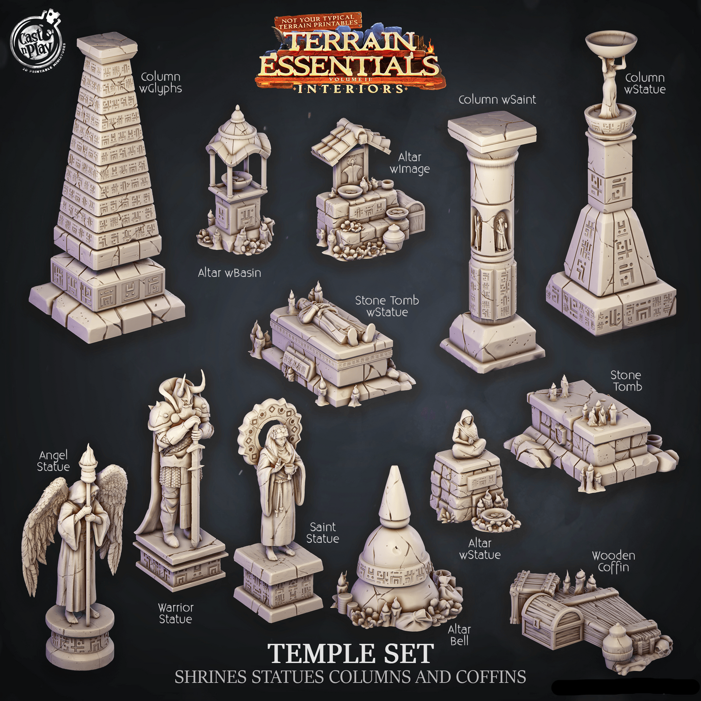 3D Printed Cast n Play Temple Shrines, Statues, Columns and Coffins Terrain Essentials 28mm 32mm D&D