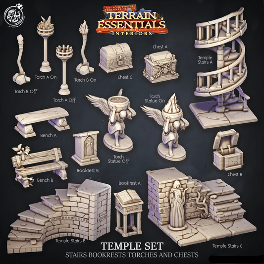 3D Printed Cast n Play Temple Stairs, Bookrests, Torches and Chests Terrain Essentials 28mm 32mm D&D