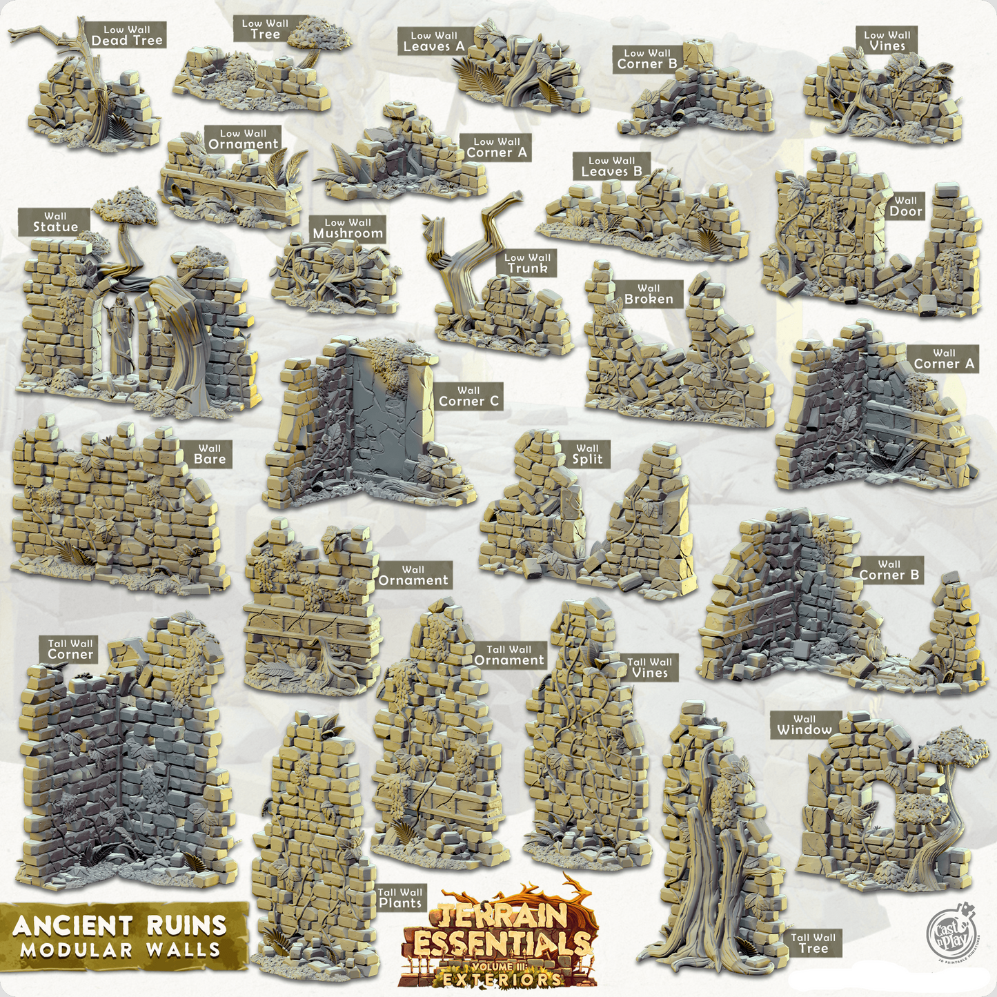 3D Printed Cast n Play Terrain Essentials Exteriors - Ancient Ruins Modular Walls Set 28mm 32mm D&D