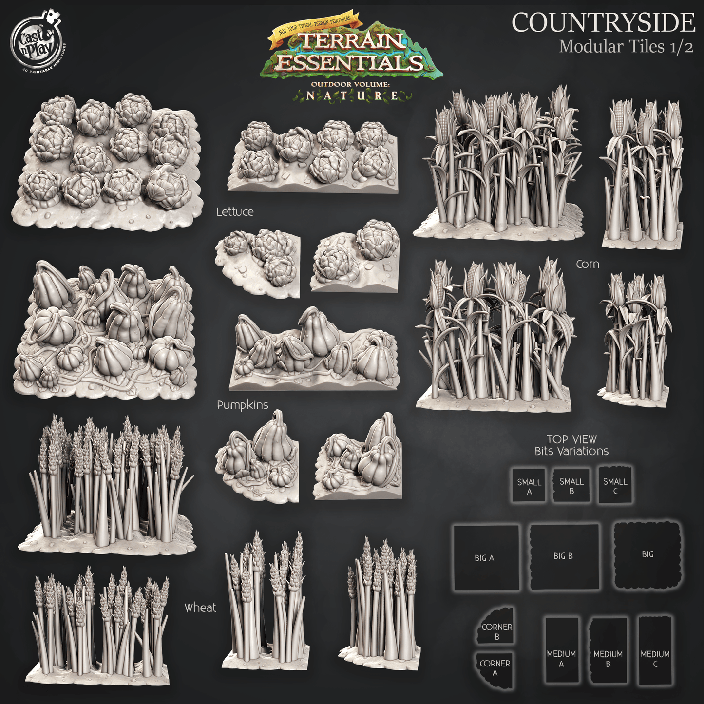 3D Printed Cast n Play Terrain Essentials Nature Meadows & Countryside Terrain - Countryside Modular Tiles Set 28mm 32mm D&D