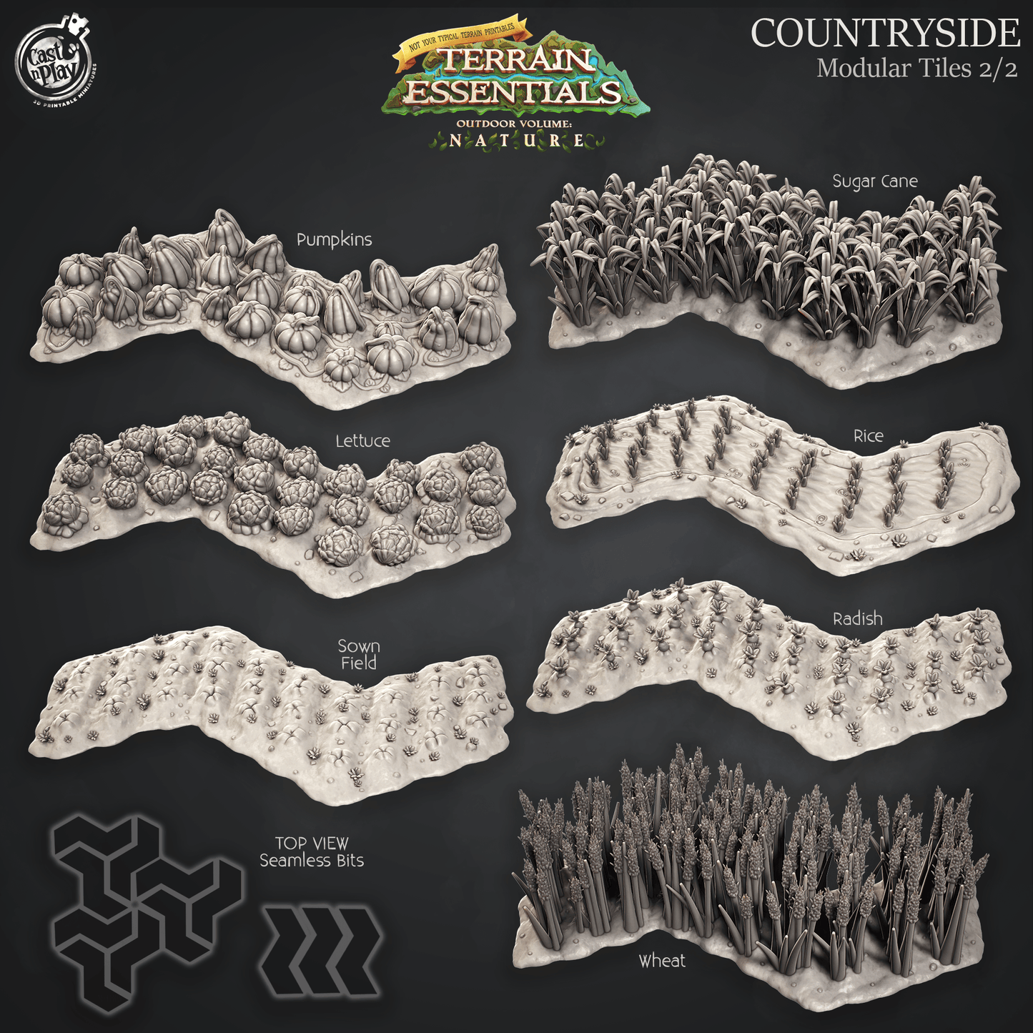 3D Printed Cast n Play Terrain Essentials Nature Meadows & Countryside Terrain - Countryside Modular Tiles Set 28mm 32mm D&D