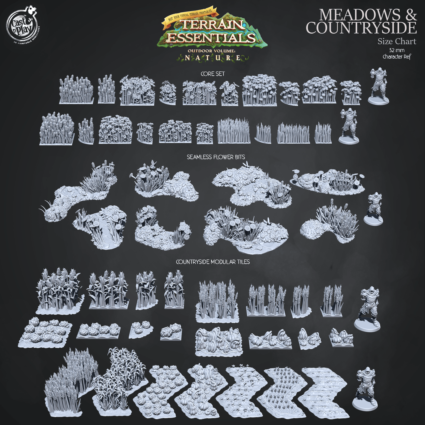 3D Printed Cast n Play Terrain Essentials Nature Meadows & Countryside Terrain - Countryside Modular Tiles Set 28mm 32mm D&D