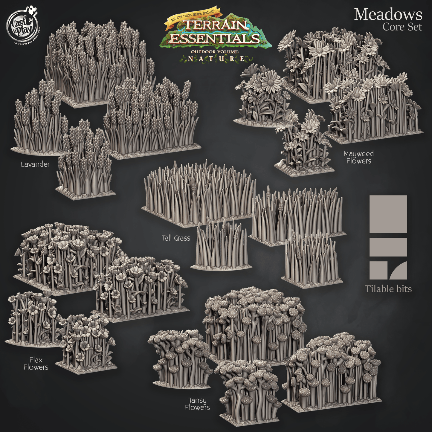3D Printed Cast n Play Terrain Essentials Nature Meadows & Countryside Terrain - Meadows Core Set 28mm 32mm D&D