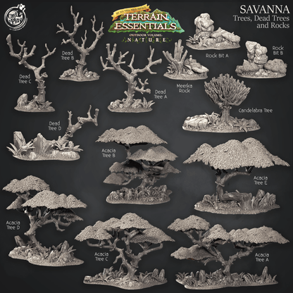 3D Printed Cast n Play Terrain Essentials Nature Savanna Terrain - Trees, Dead Trees and Rocks Set 28mm 32mm D&D