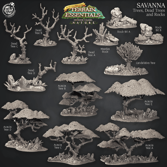 3D Printed Cast n Play Terrain Essentials Nature Savanna Terrain - Trees, Dead Trees and Rocks Set 28mm 32mm D&D