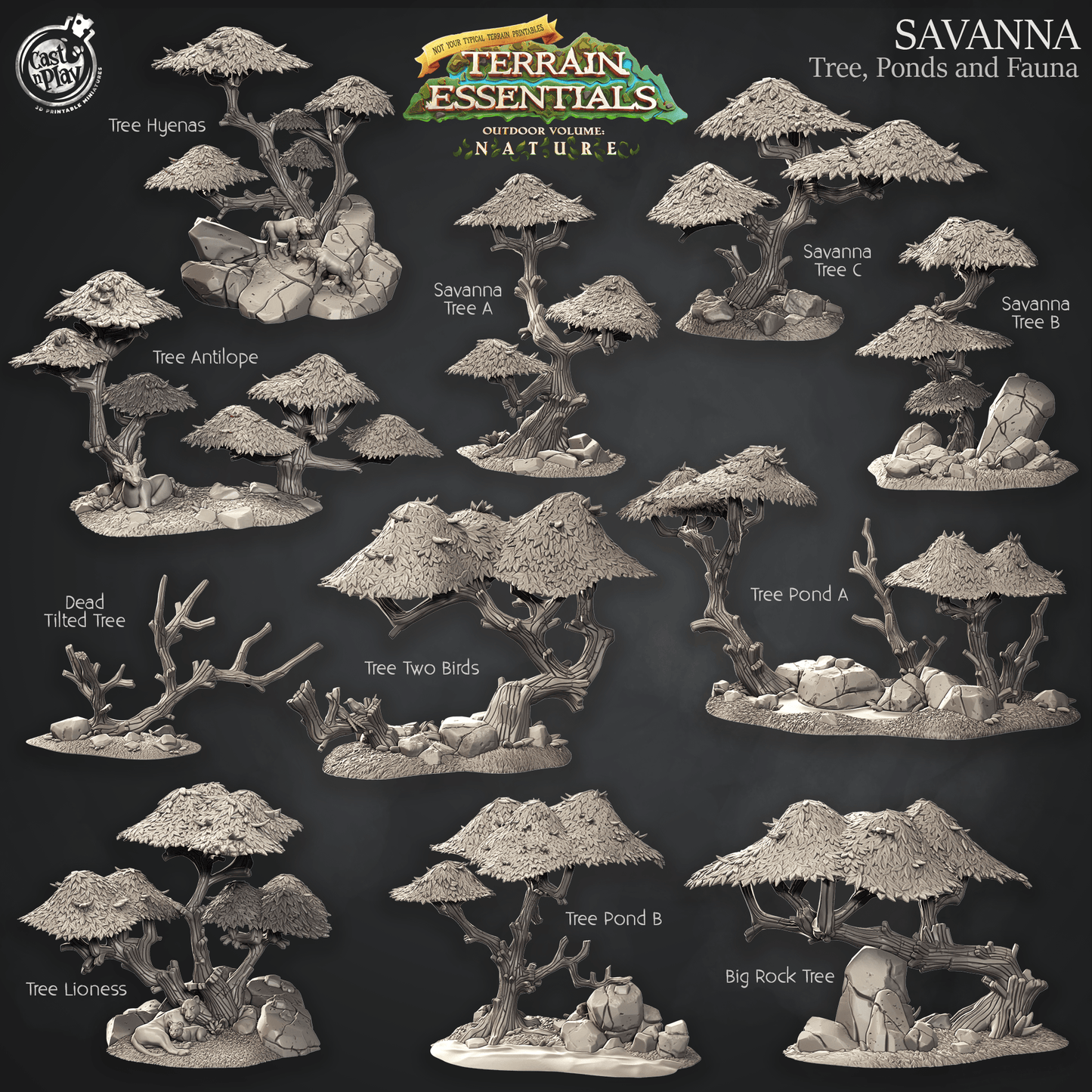 3D Printed Cast n Play Terrain Essentials Nature - Savanna Terrain Trees, Ponds and Fauna Set 28mm 32mm D&D