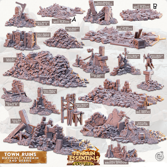 3D Printed Cast n Play Town - Debris and Difficult Terrain Town Ruins Set 28mm 32mm D&D