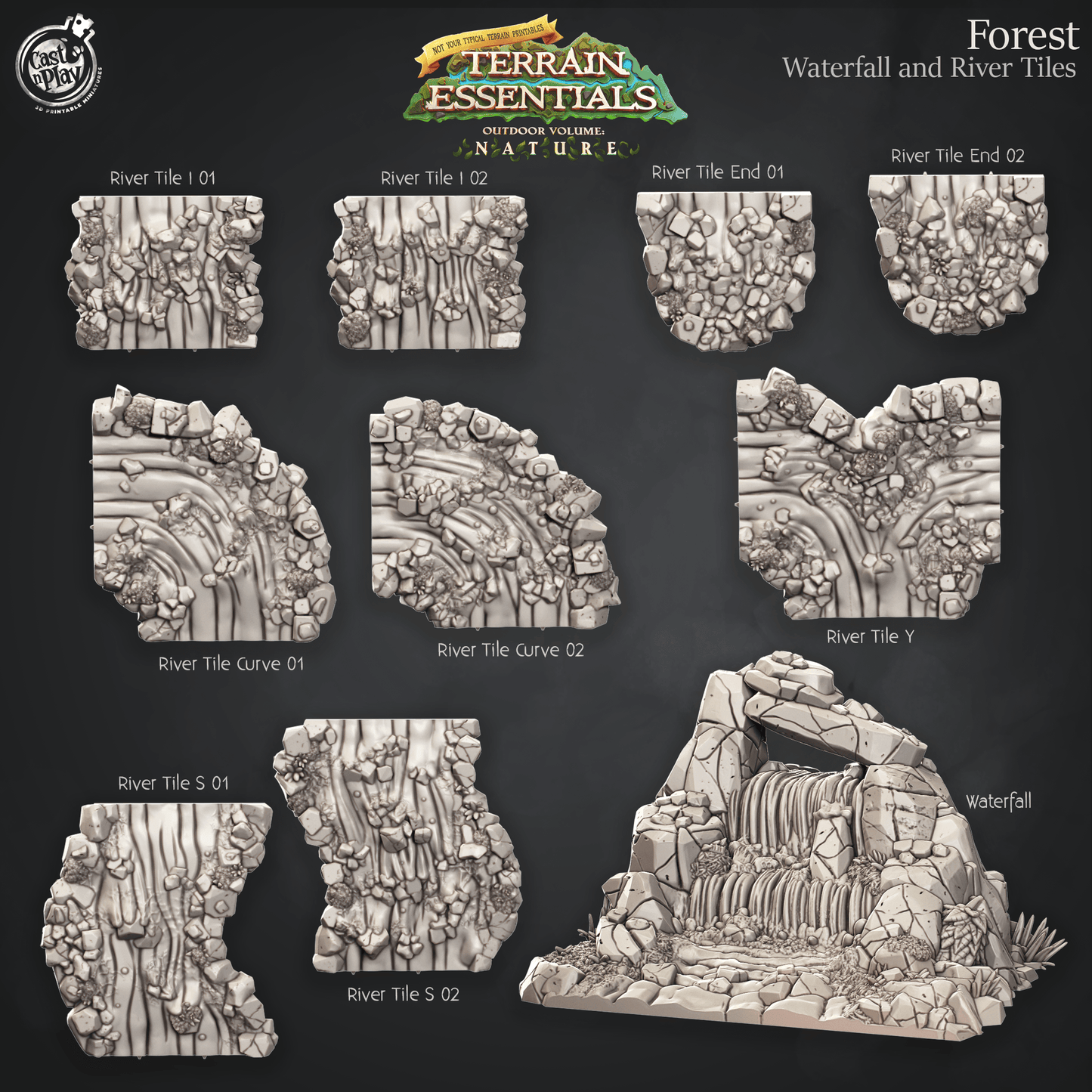 3D Printed Cast n Play Waterfall and River Tiles Forest Terrain Set Terrain Essentials Nature 28mm 32mm D&D