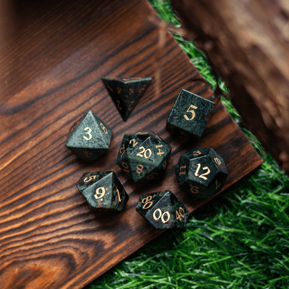 Green Eyed Hand Carved Gemstone DND Dice Set