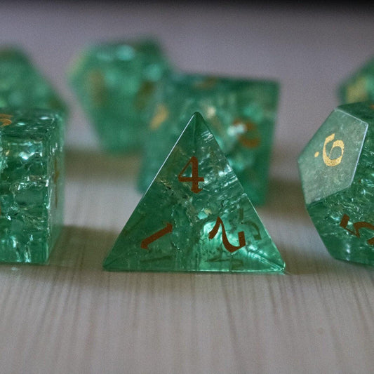Green Lightning Cracked Glass DND Dice Set