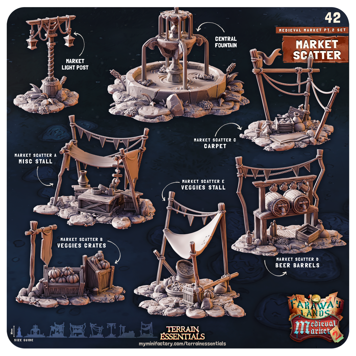 3D Printed Cast n Play Medieval Market 2 Terrain Set 28mm 32mm D&D