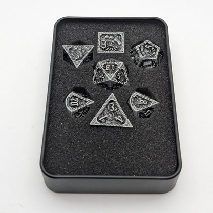 Elder Scroll (Silver) - 7 Piece DnD Dice Set | Metal RPG Gaming Dice
