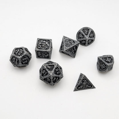 Elder Scroll (Silver) - 7 Piece DnD Dice Set | Metal RPG Gaming Dice