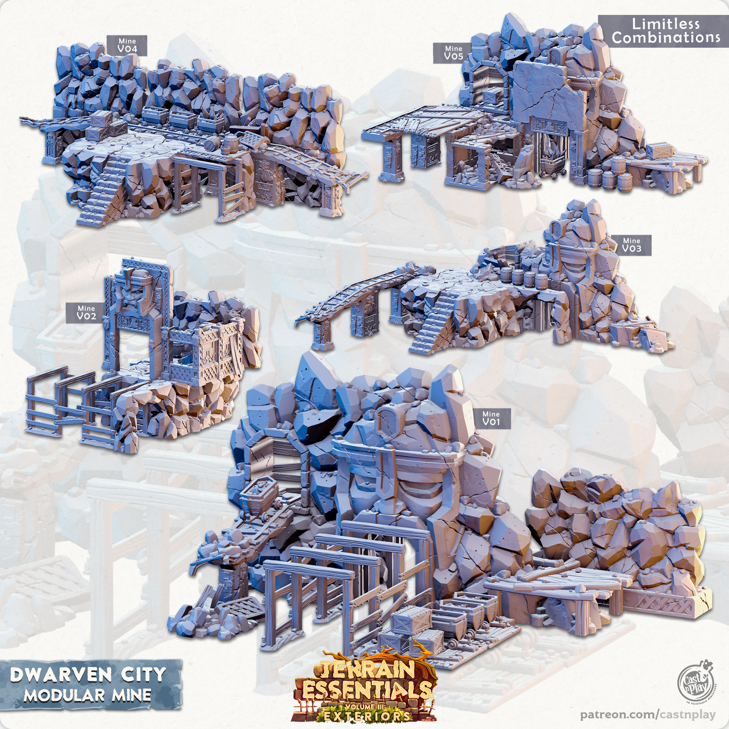 3D Printed Cast n Play Terrain Essentials Vol III Exteriors Dwarven City Set Modular Mine 28mm 32mm D&D