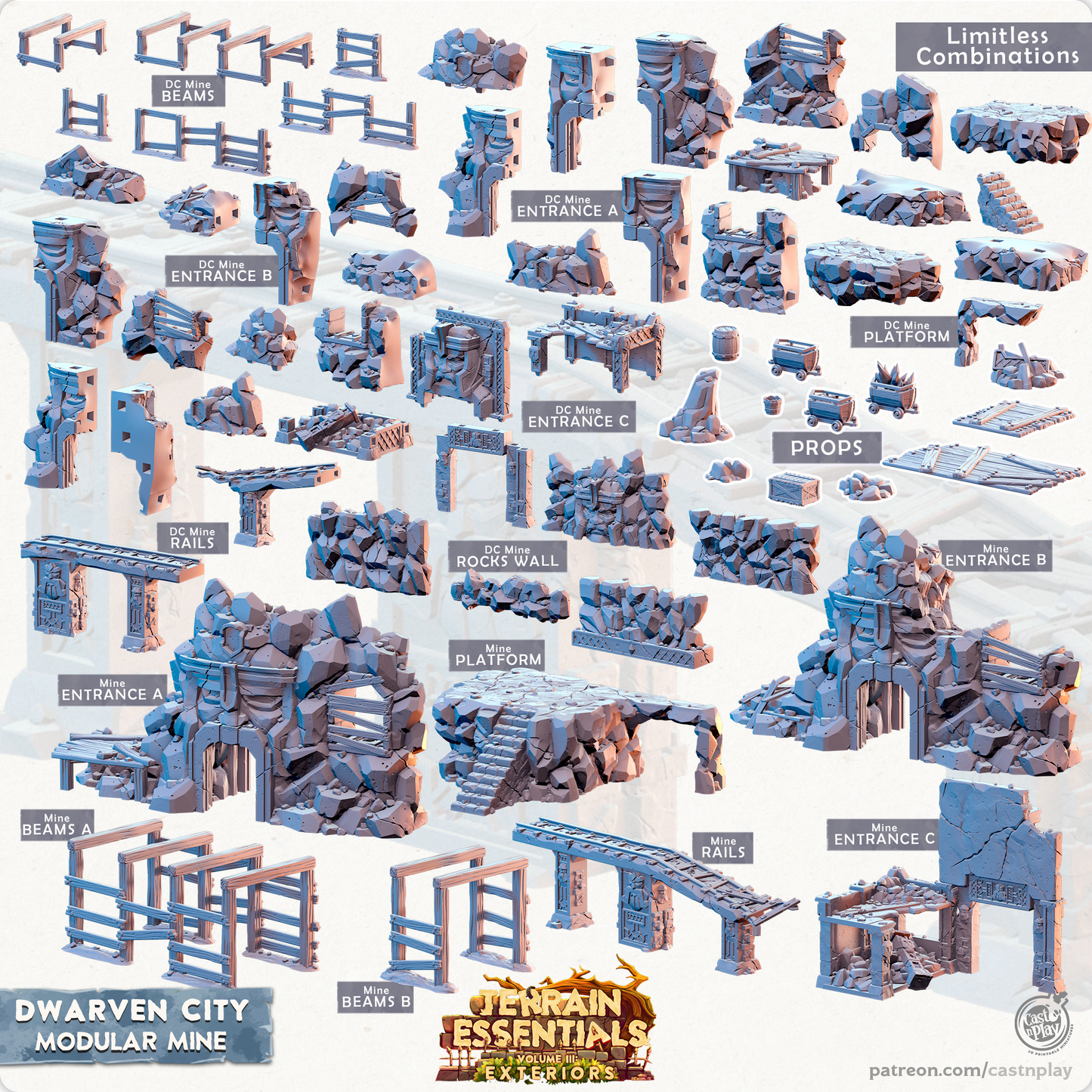 3D Printed Cast n Play Terrain Essentials Vol III Exteriors Dwarven City Set Modular Mine 28mm 32mm D&D