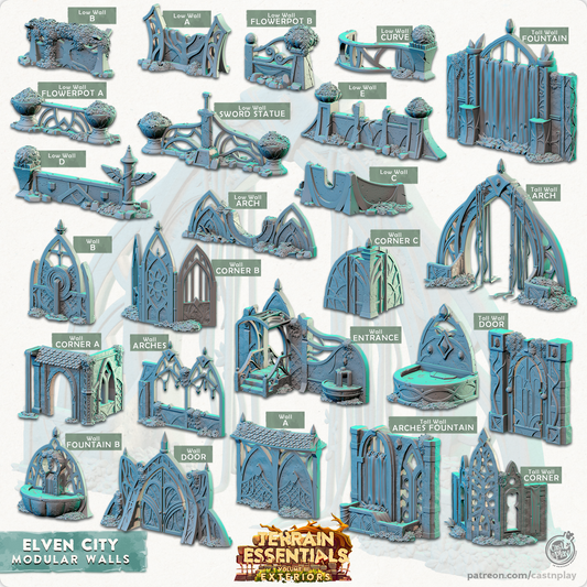 3D Printed Cast n Play Modular Walls Elven City Set Terrain Essentials Vol III Exteriors 28mm 32mm D&D