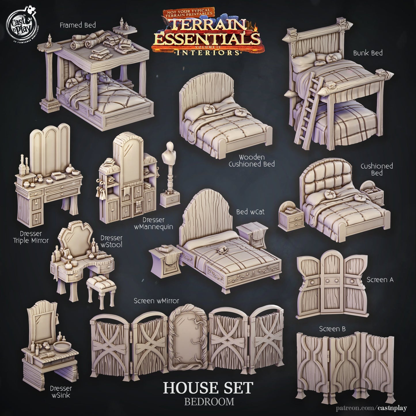 3D Printed Cast n Play House Set Bedroom Terrain Essentials 28mm 32mm D&D